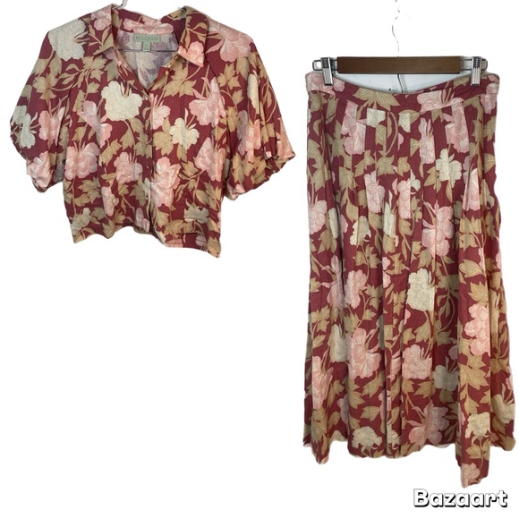 ryegrass Dresses & Skirts - Rye Grass Pink Floral Linen Bend Skirt and top Set